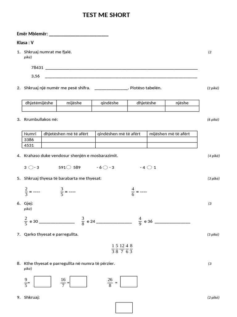 Matematika 5 - Teste Me Bluprint + Të Ndërmjetme 2024-2025 | PDF