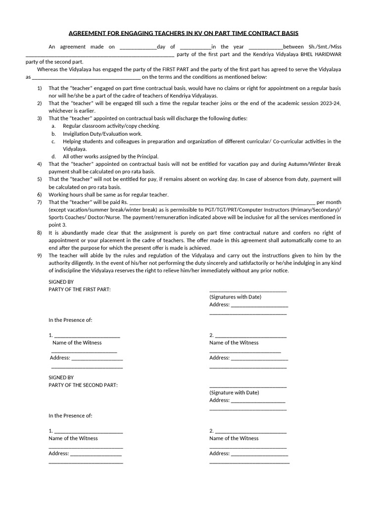 Agreement part time contractual teachers english 28-03-2025 | PDF