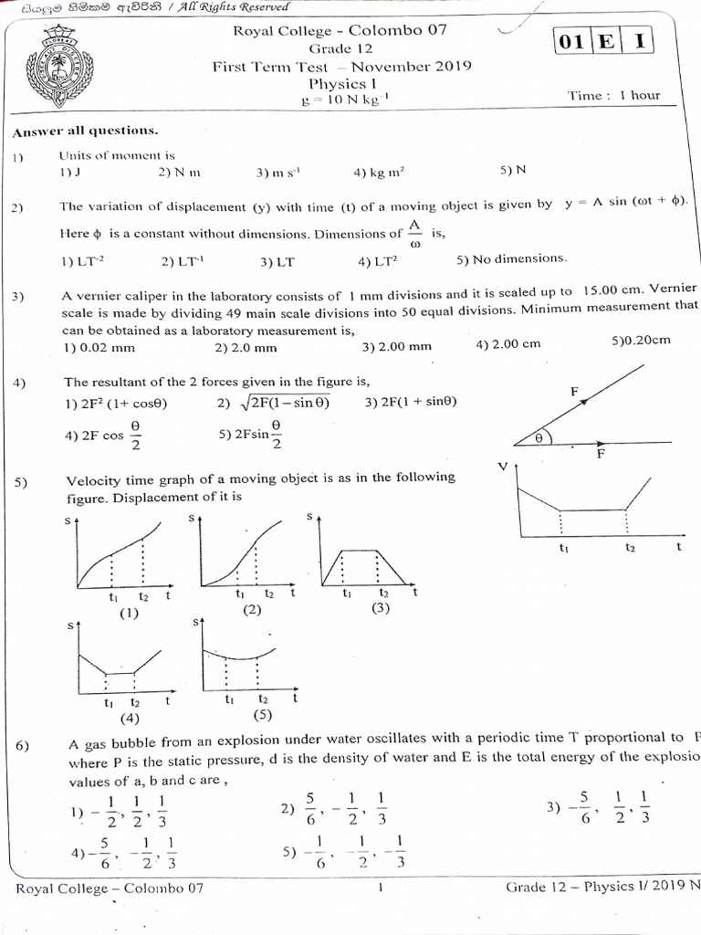 Physics First Term Test Paper 2019 in English Medium | PDF | Mechanics ...