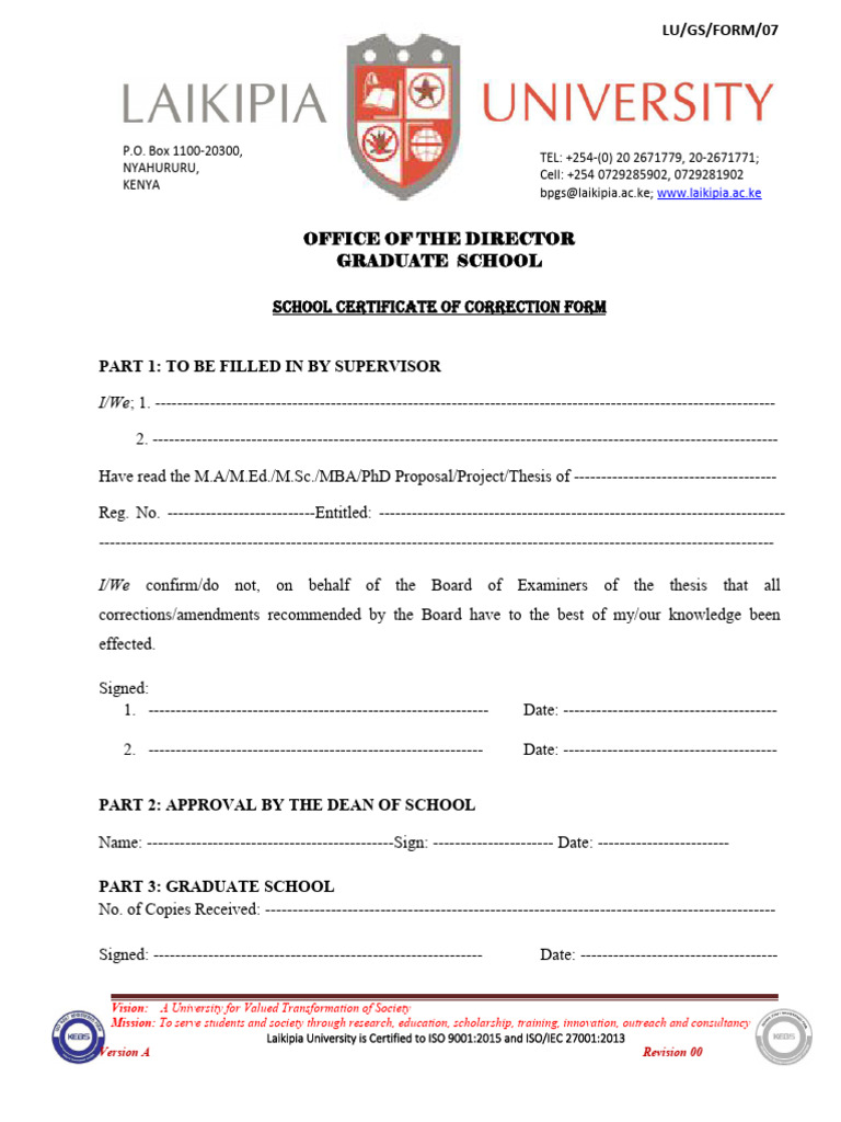 School Certification of Correction Form | PDF