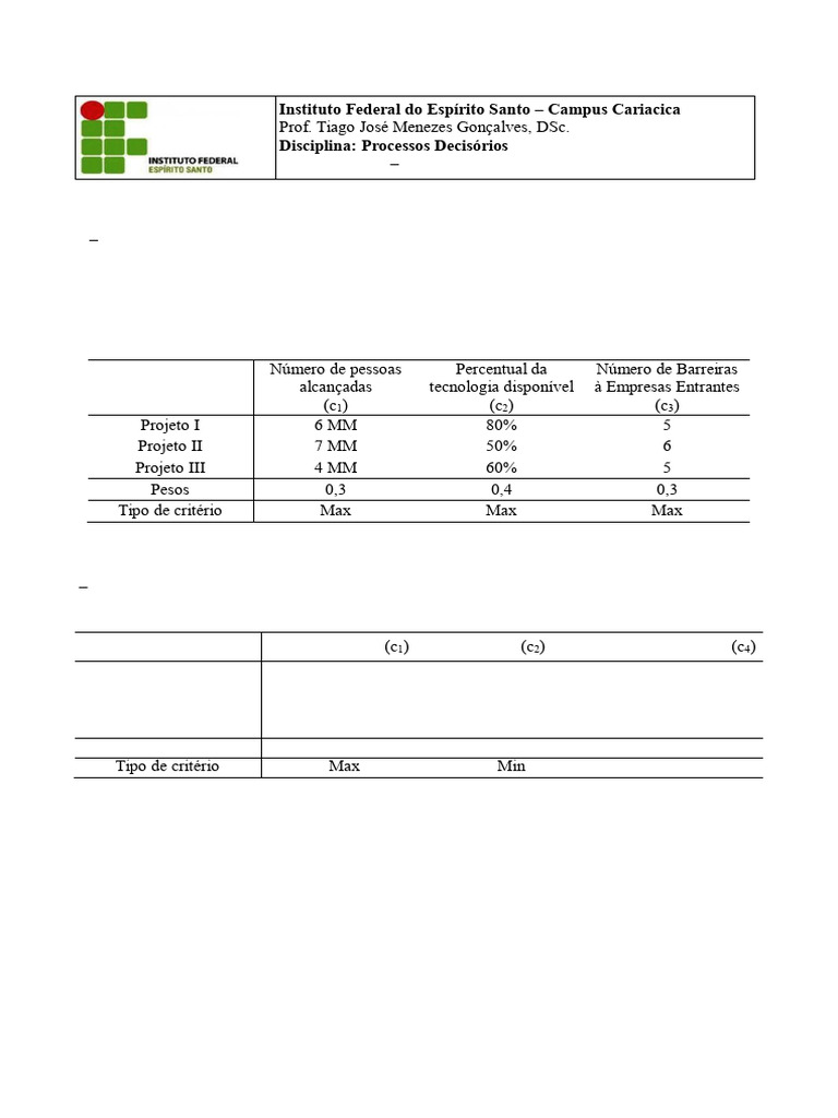 Exercícios - Método ELECTRE I | PDF