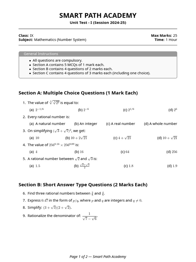 Smart Path Academy Class 9 Test | PDF | Numbers | Square Root