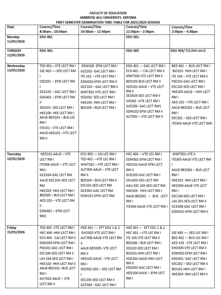 Fed Time- Table for 2025-2026 1st Semester | PDF