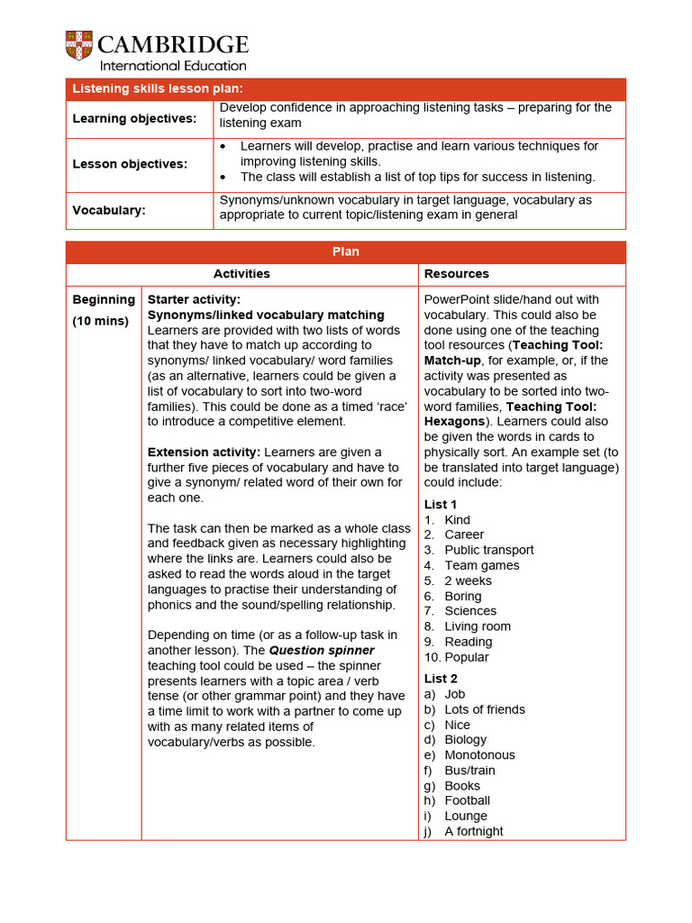 Lesson Plan - Listening | PDF | Vocabulary | Learning