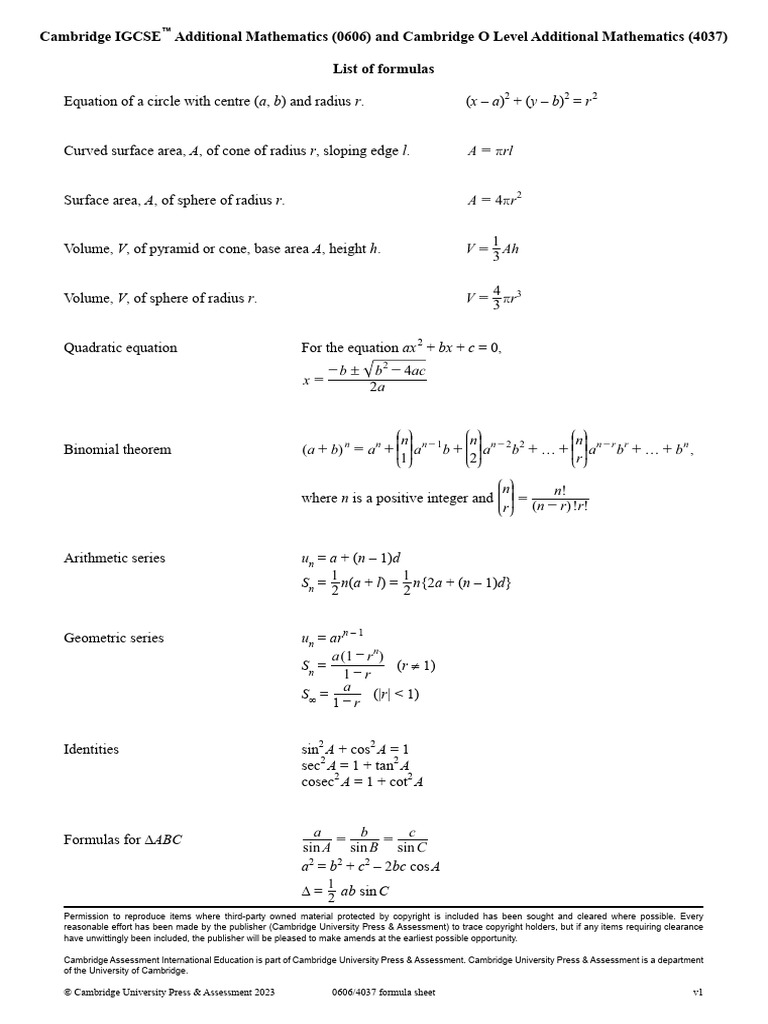 IGCSE ADD Math Formula Sheet | PDF | Area | Sphere