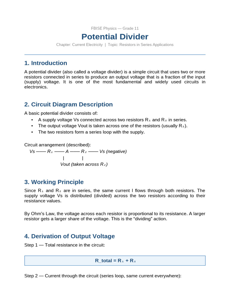 Potential Divider Grade11 FBISE | PDF | Resistor | Series And Parallel ...