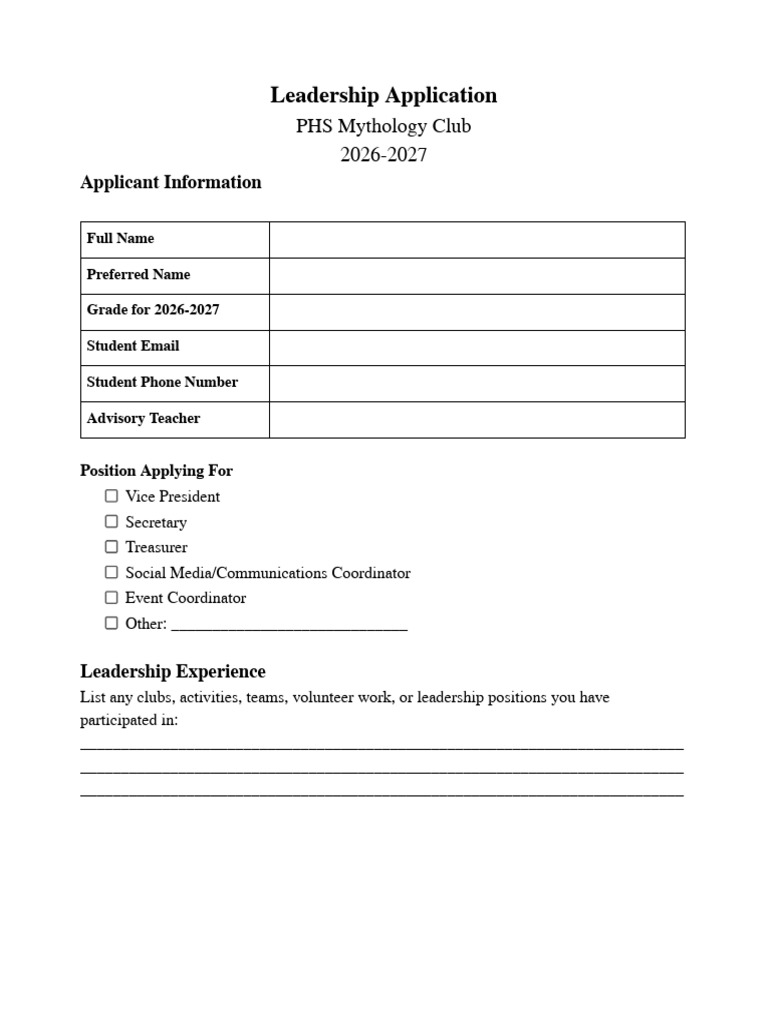 Mythology Club - Leadership Application | PDF