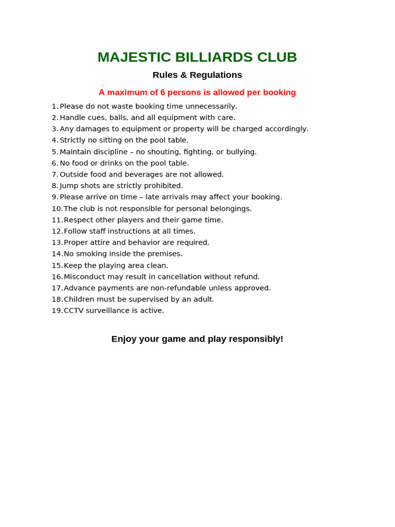Majestic Billiards Rules | PDF
