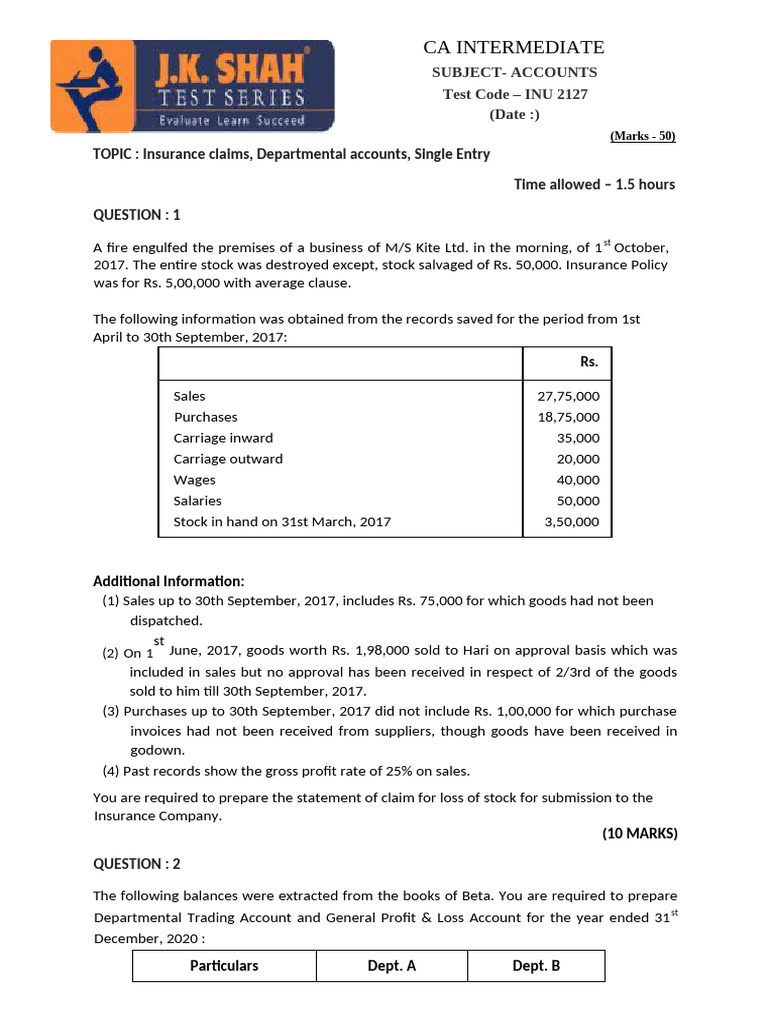 INU 2127 ACCOUNTS _ QUESTION PAPER | PDF | Expense | Financial Accounting