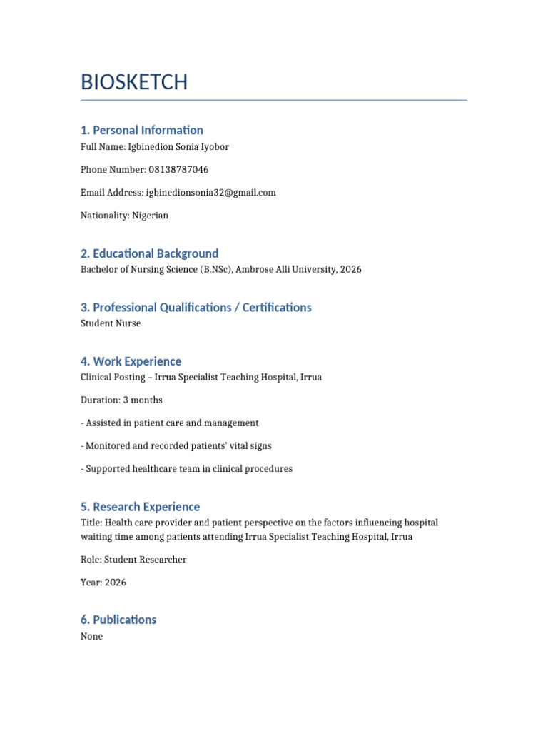 Biosketch CV Igbinedion Sonia Iyobor | PDF