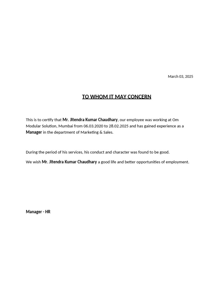 Work Ex Letter OM Modular | PDF