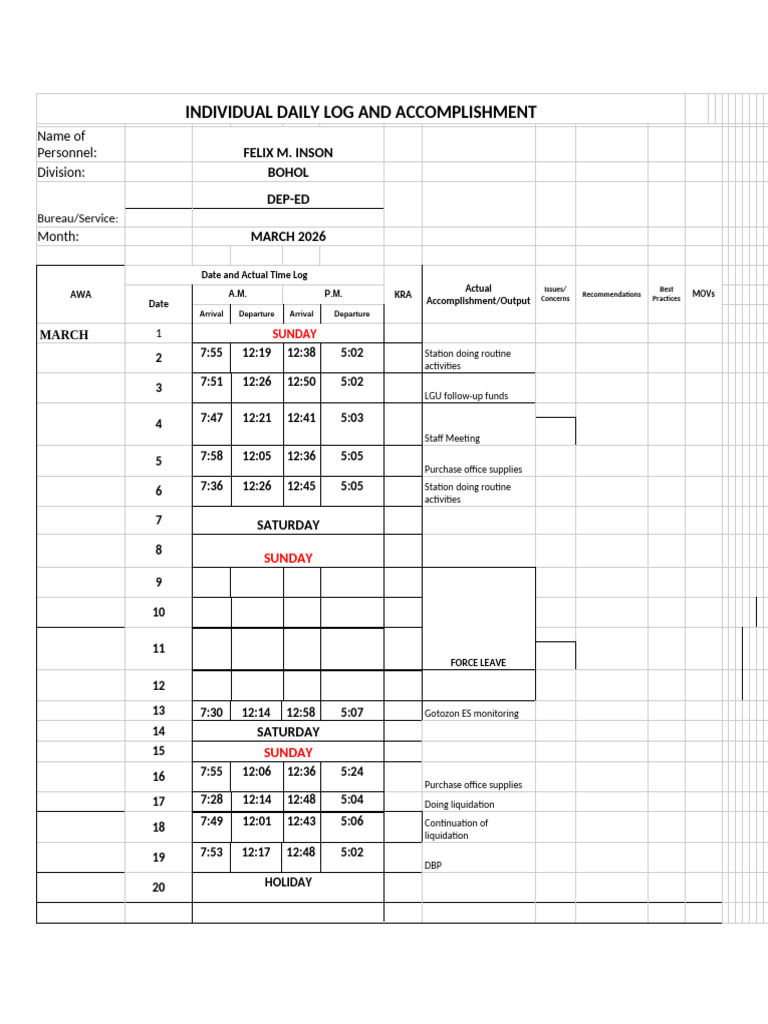 Individual Daily Log and Accomplishment February 2026 | PDF