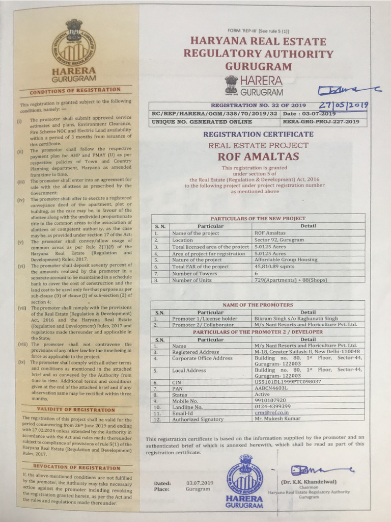 Rera Certificate Amaltas (1) | PDF