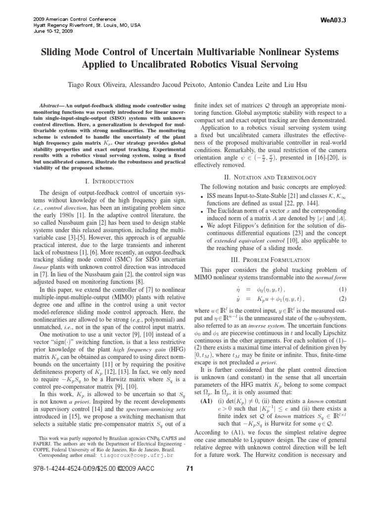 Sliding Mode Control of Uncertain Multivariable Nonlinear Systems ...