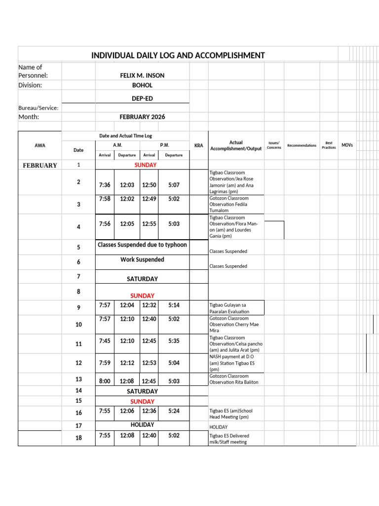 Individual Daily Log and Accomplishment February 2026 | PDF