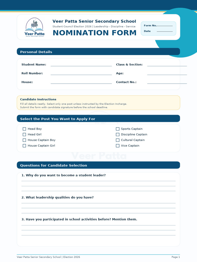 Veer Patta Styled Nomination Form 2026 | PDF