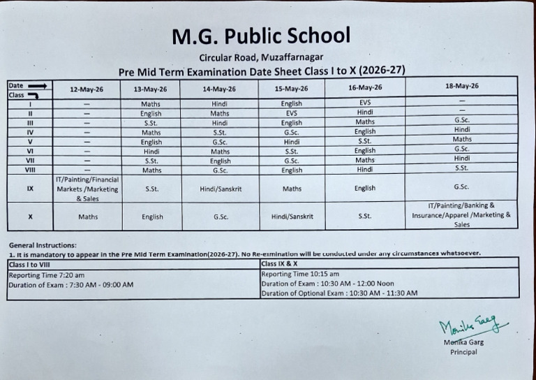 Pre Mid Term Examination Date Sheet Class I to X (2026-27) | PDF