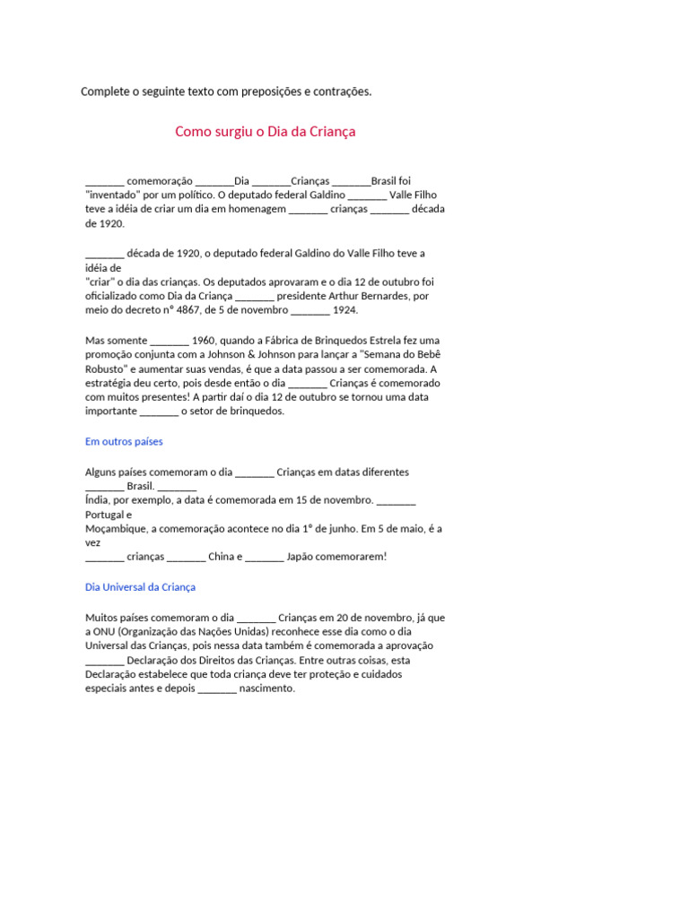 Como Surgiu o Dia Da Criança - Exercício Contrações | PDF