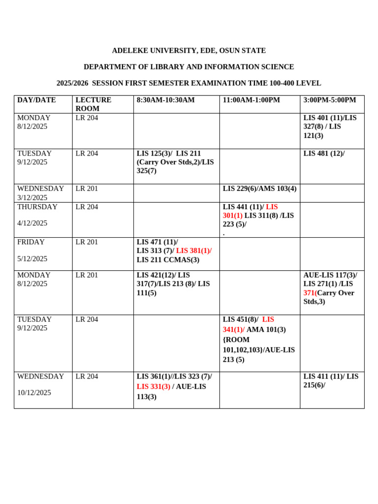2025-2026 1st Semester Exam Timetable-4-1 | PDF