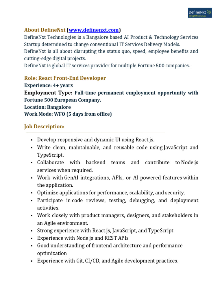 DefineNxt Technologies- Job Description- React Front-End Developer | PDF