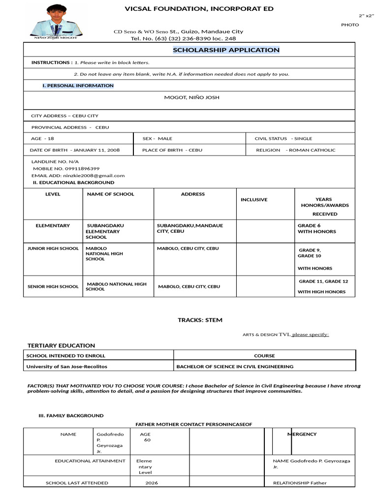 VSF College Scholarship Application Form | PDF | Vocational Education ...