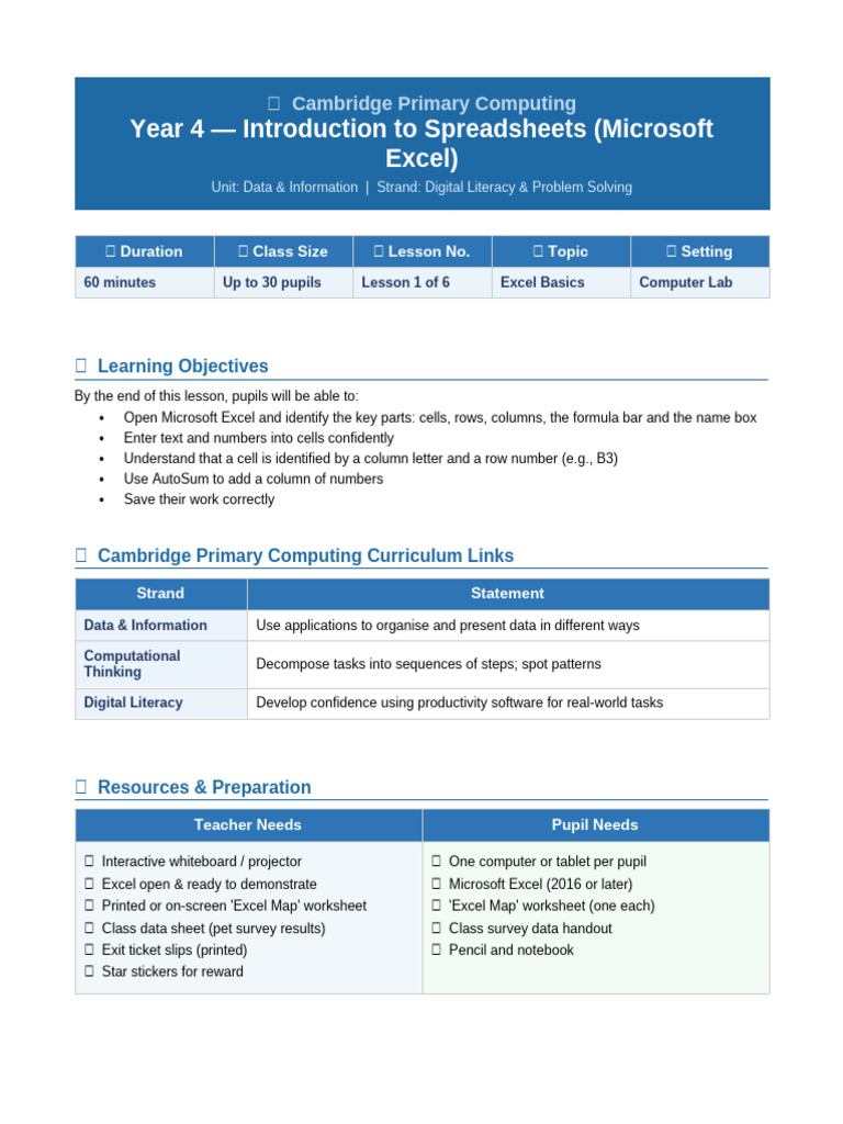 Year4 Computing Excel LessonPlan | PDF | Microsoft Excel | Spreadsheet