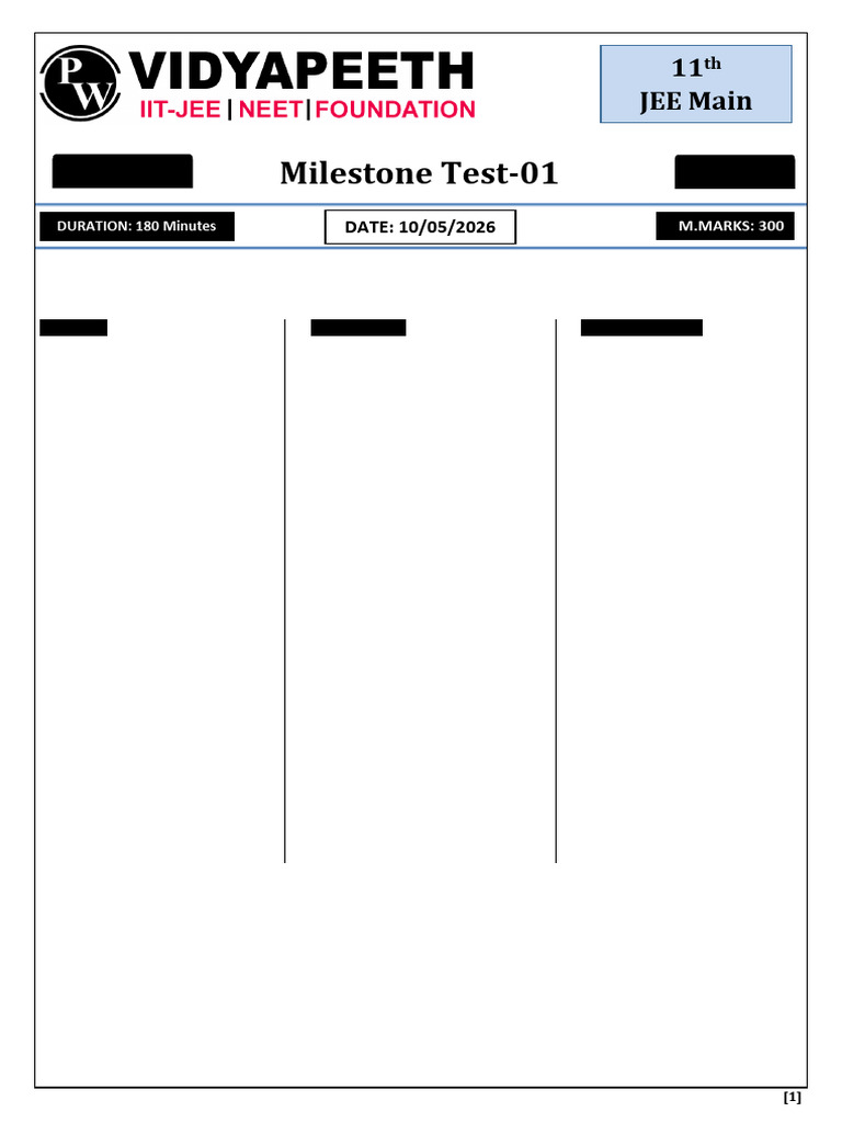 Milestone Test 01 Class 11th Phase 01 Main 10-05-2026 Solutions | PDF ...