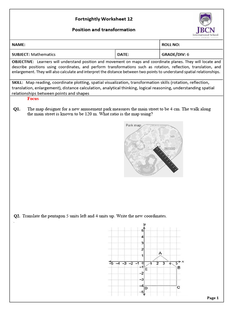 Math FA2 Fortnighlty Worksheet 12- Position and Transformations | PDF ...