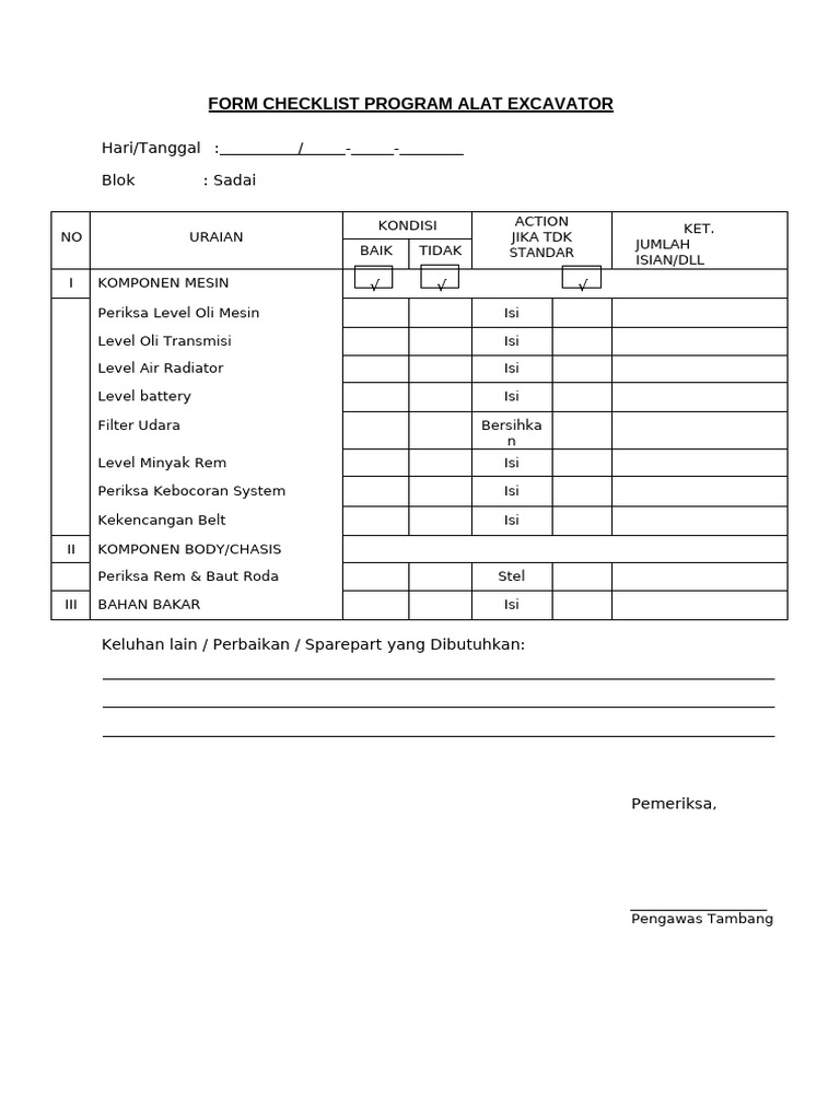Form Checklist Program Alat Excavator | PDF