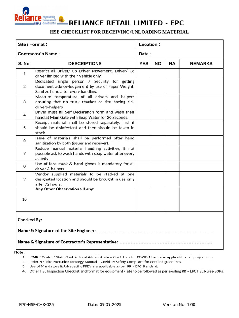 29.HSE Inspection Checklist for Material Unloading | PDF