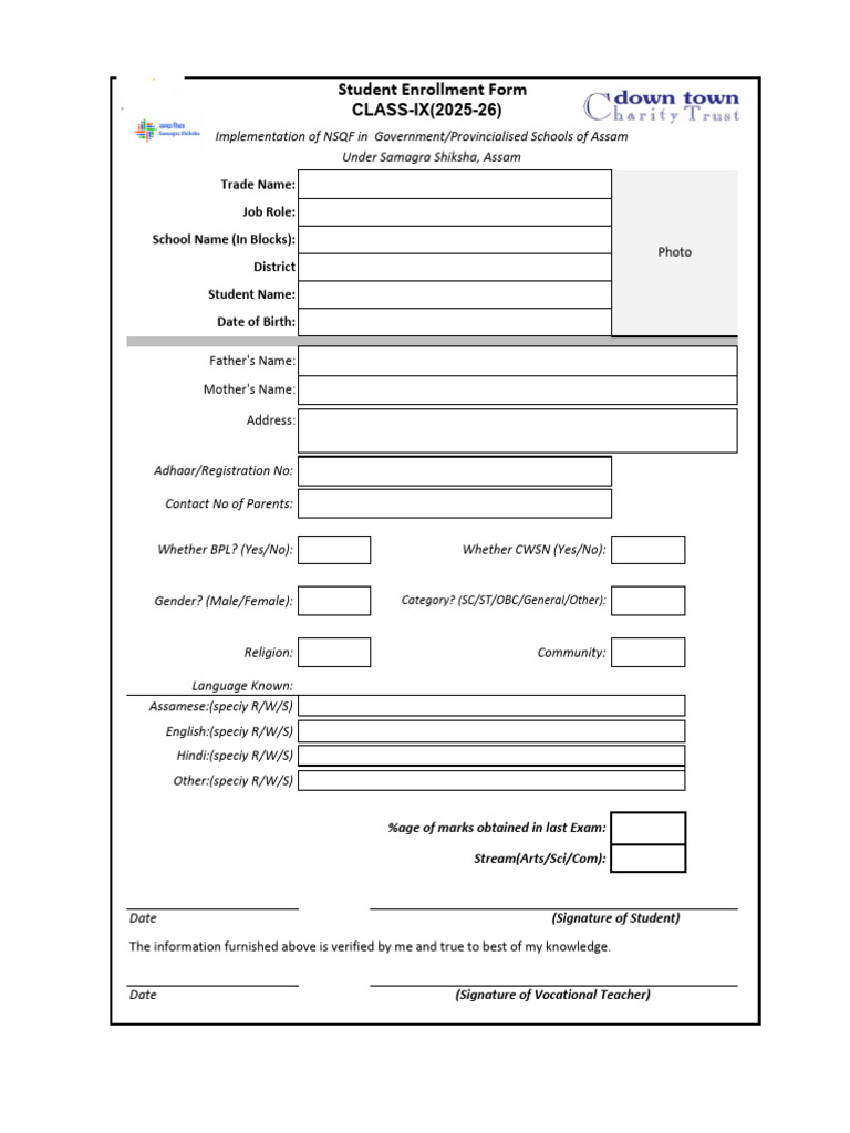 Student Enrollment Form For Class 9 2025-26 | PDF