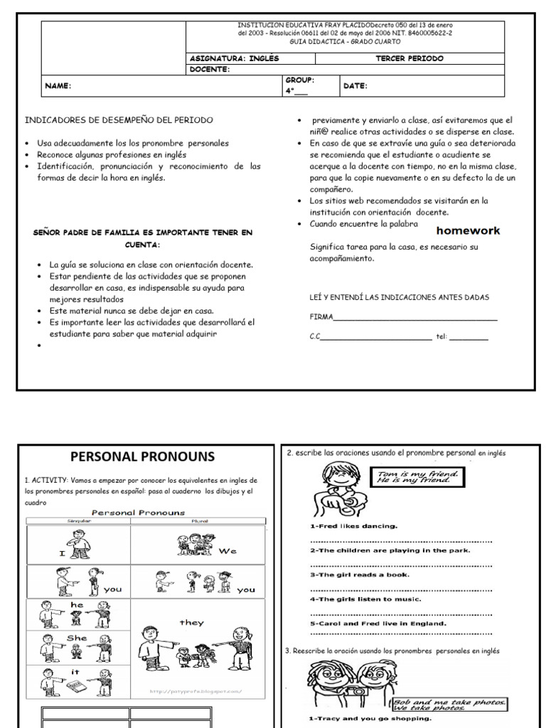 Guia de Ingles Grado 4 - Tercer Periodo | PDF