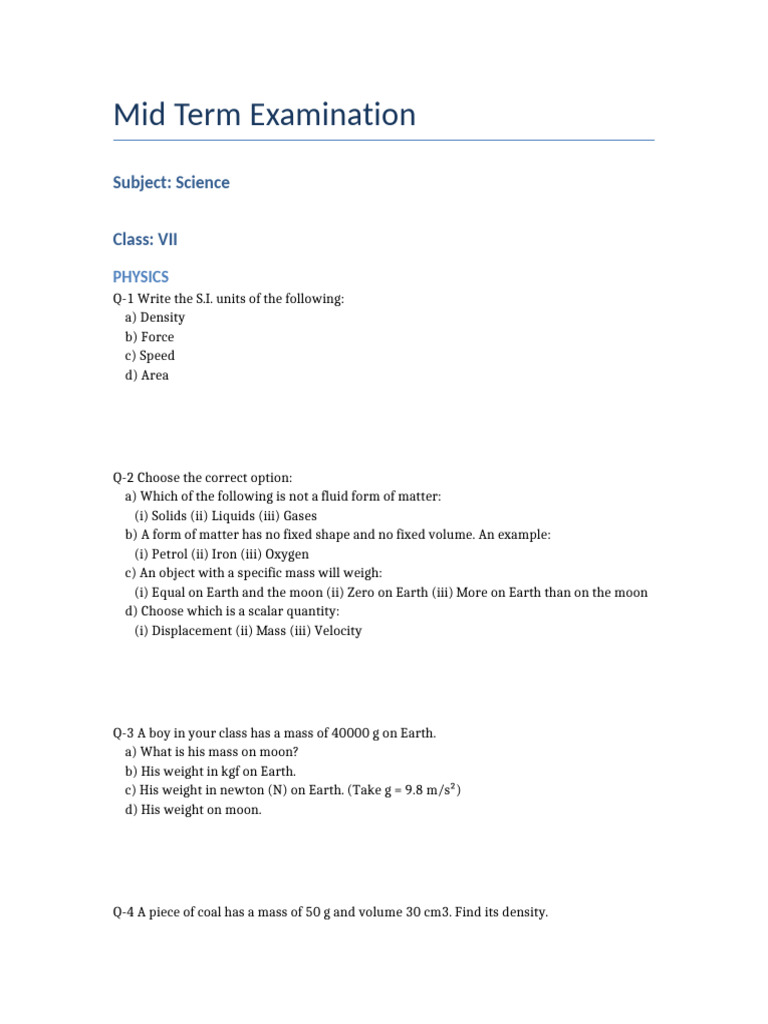 Mid Term Science Question Paper | PDF | Chemical Elements | Weight