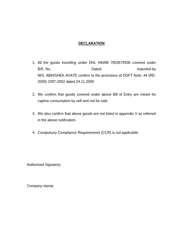 Self Use Declaration | PDF
