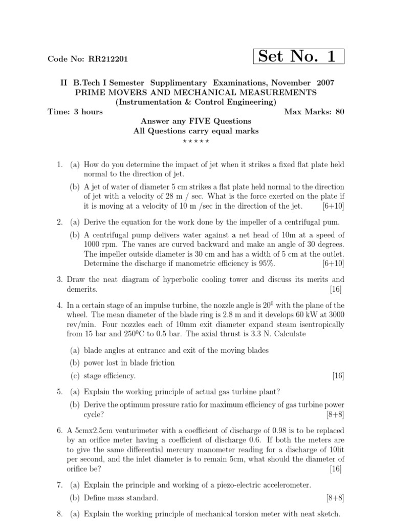 Rr212201 Prime Movers and Mechanical Measurements PDF