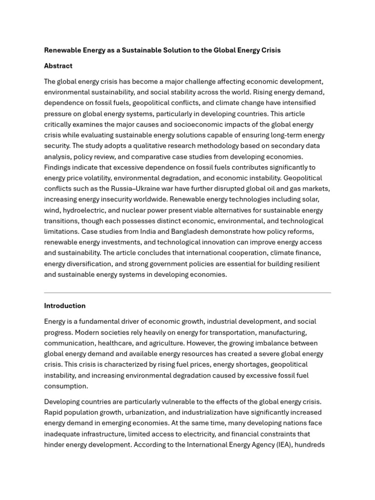 Renewable Energy as a Sustainable Solution to the Global Energy Crisis ...