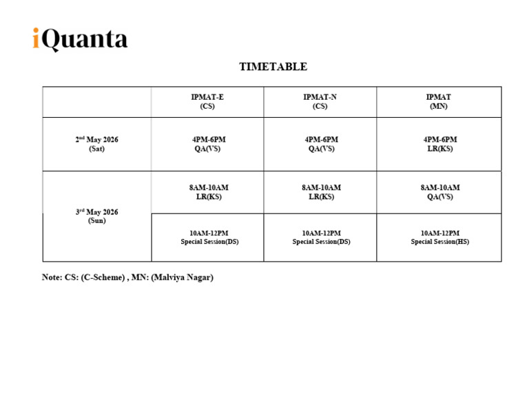 IPMAT Time Table 2-3 May 2026 | PDF