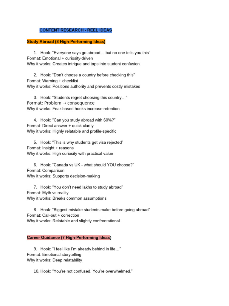 Content Research - Reel Ideas | PDF