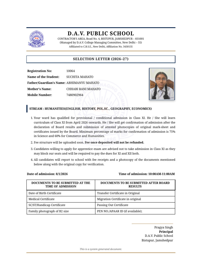 Selection Letter 2026-27 | PDF
