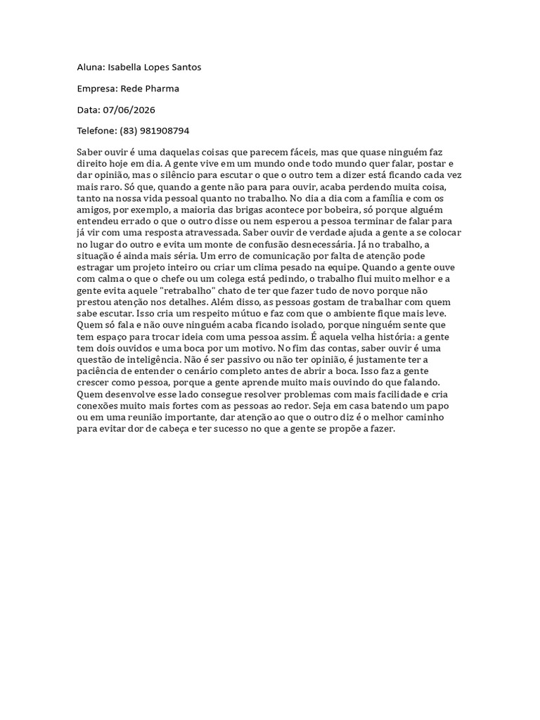 Aluna: Isabella Lopes Santos Empresa: Rede Pharma Data: 07/06/2026 ...