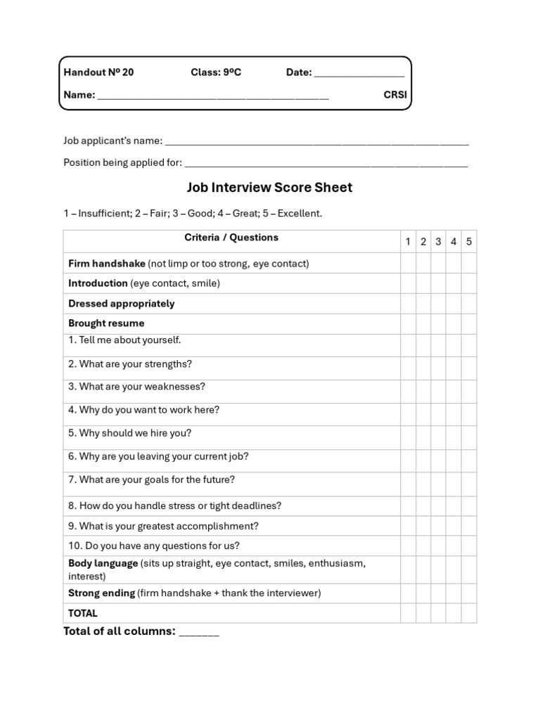Interview Score Sheet and Results Handout | PDF