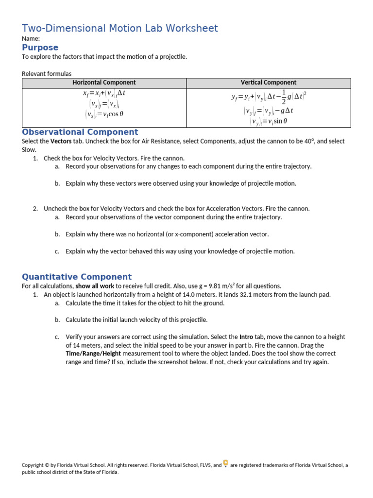 Two Dimensional Motion Lab Worksheet | PDF | Projectiles | Physics