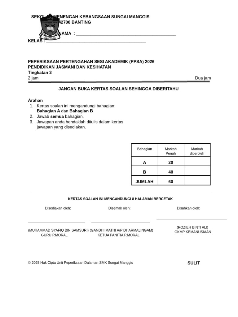 PPSA TEMPLATE Muka Hadapan Kertas Soalan | PDF