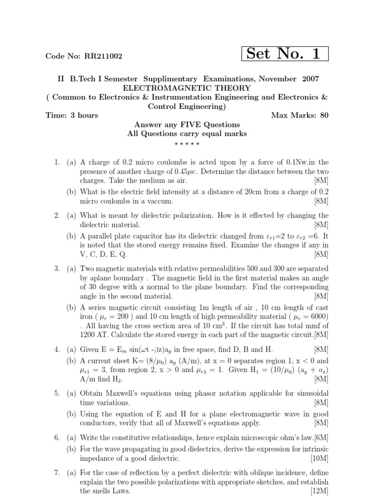 Electromagnetic Theory Exam Questions | PDF | Electric Field | Waves