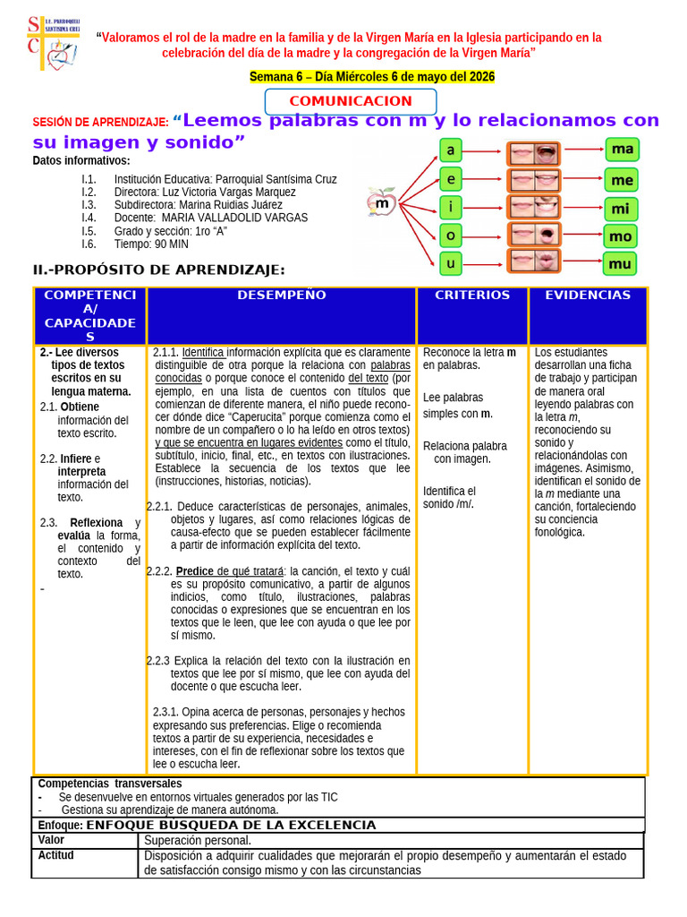 DIA 3 SEMANA 6 COMUNICACION Leemos Palabras Con m y Lo Relacionamos Con ...