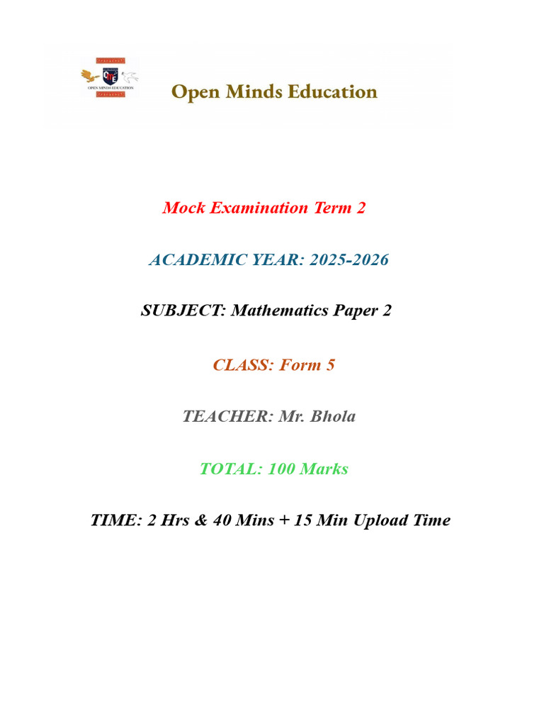 EXAM SCRIPT Mathematics Paper 2 Form 5 Term 2 Mock Exam 2025 - 2026 | PDF