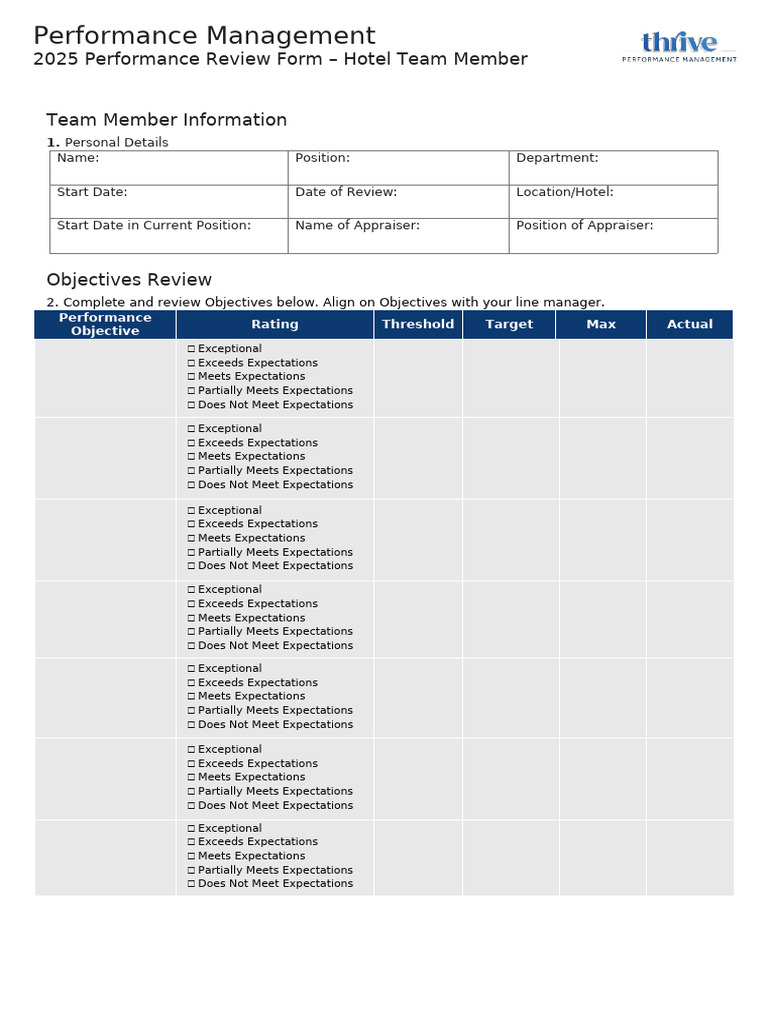 2025 Performance Review Form Hotel TM (Below HOD) | PDF