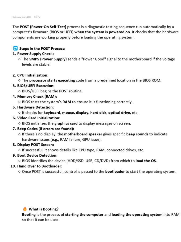 What is POST Process | PDF | Booting | Bios