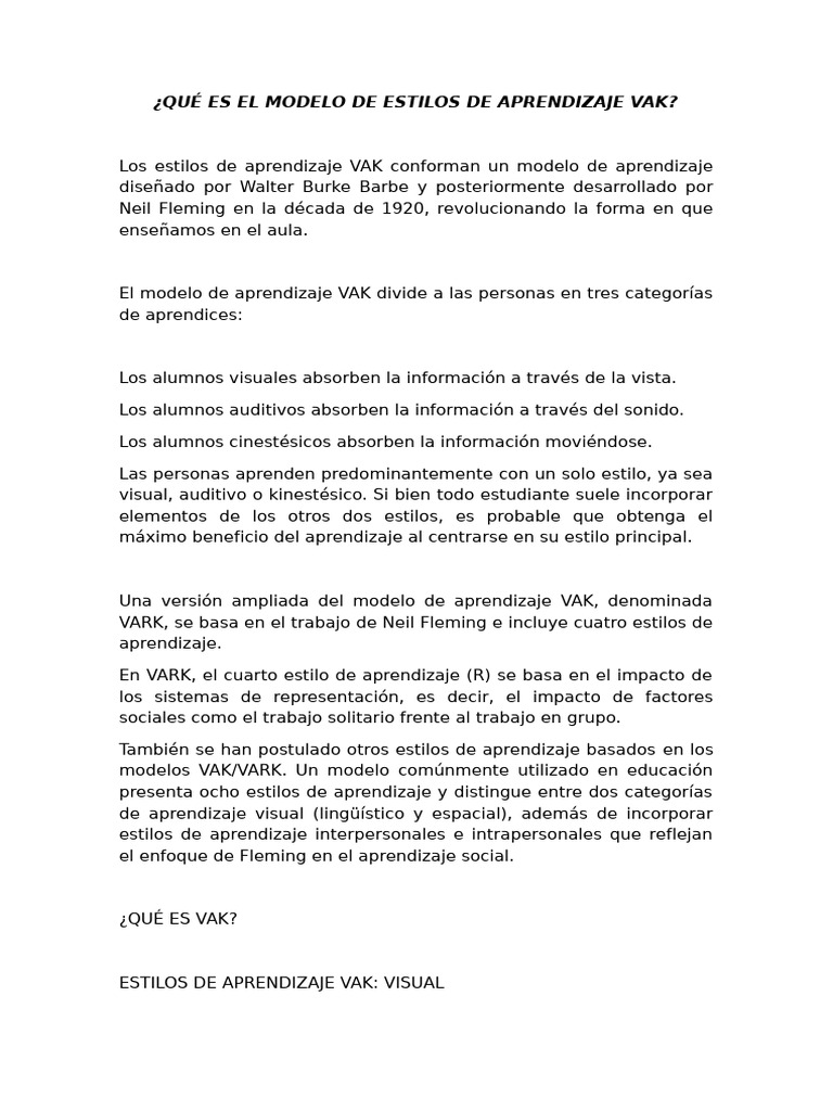 QUÉ ES EL MODELO DE ESTILOS DE APRENDIZAJE VAK | PDF | Aprendizaje ...