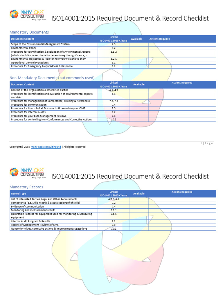 Mandatory Documents and Records Required by ISO 14001 Checklist | PDF ...